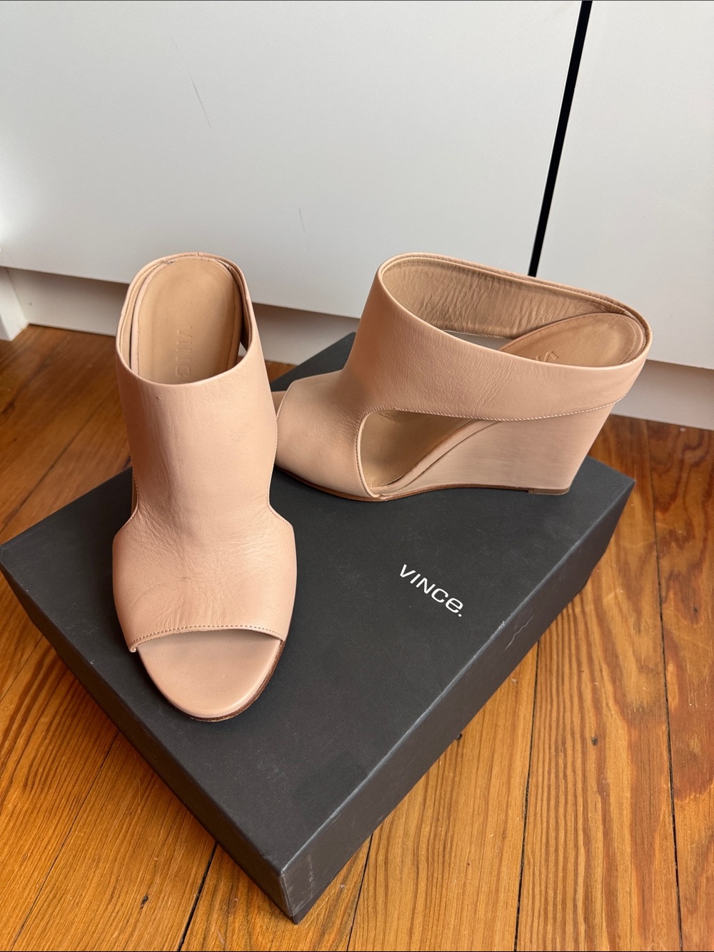Vince Blush Tan Leather Open-Toe Wedge Mules